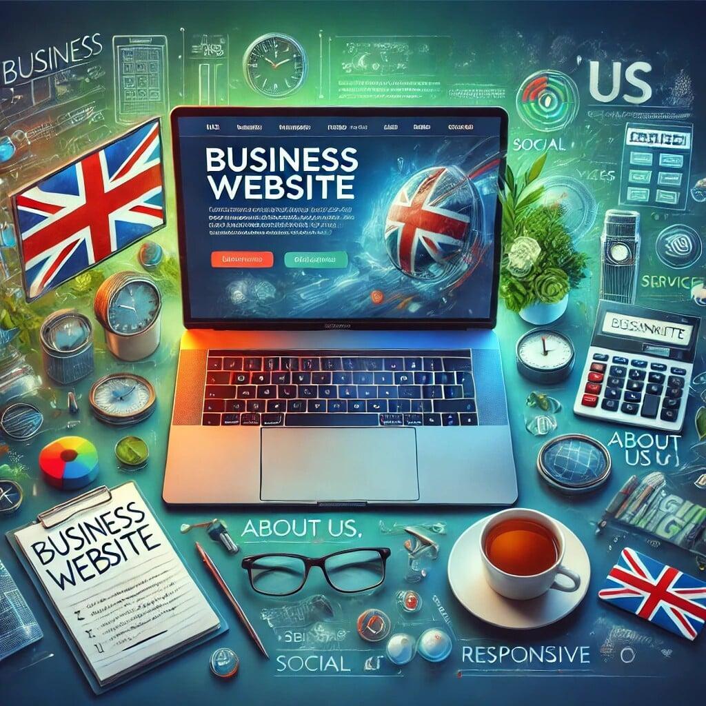 A vibrant, modern workspace setup featuring a laptop displaying a professional UK business website on its screen. The website design includes clear sections such as 'About Us,' 'Services,' and 'Contact Us,' with proper spelling and UK elements like a subtle Union Jack-inspired logo. Surrounding the laptop are items like a notepad with handwritten website ideas, a budget calculator, and a cup of tea, adding a distinctly British touch. The background is a mix of blue and green shades, symbolizing growth and professionalism. Small icons representing SEO, social media, and responsive design are visible, highlighting digital strategy elements. The overall composition conveys a professional and budget-friendly approach to creating a business website.