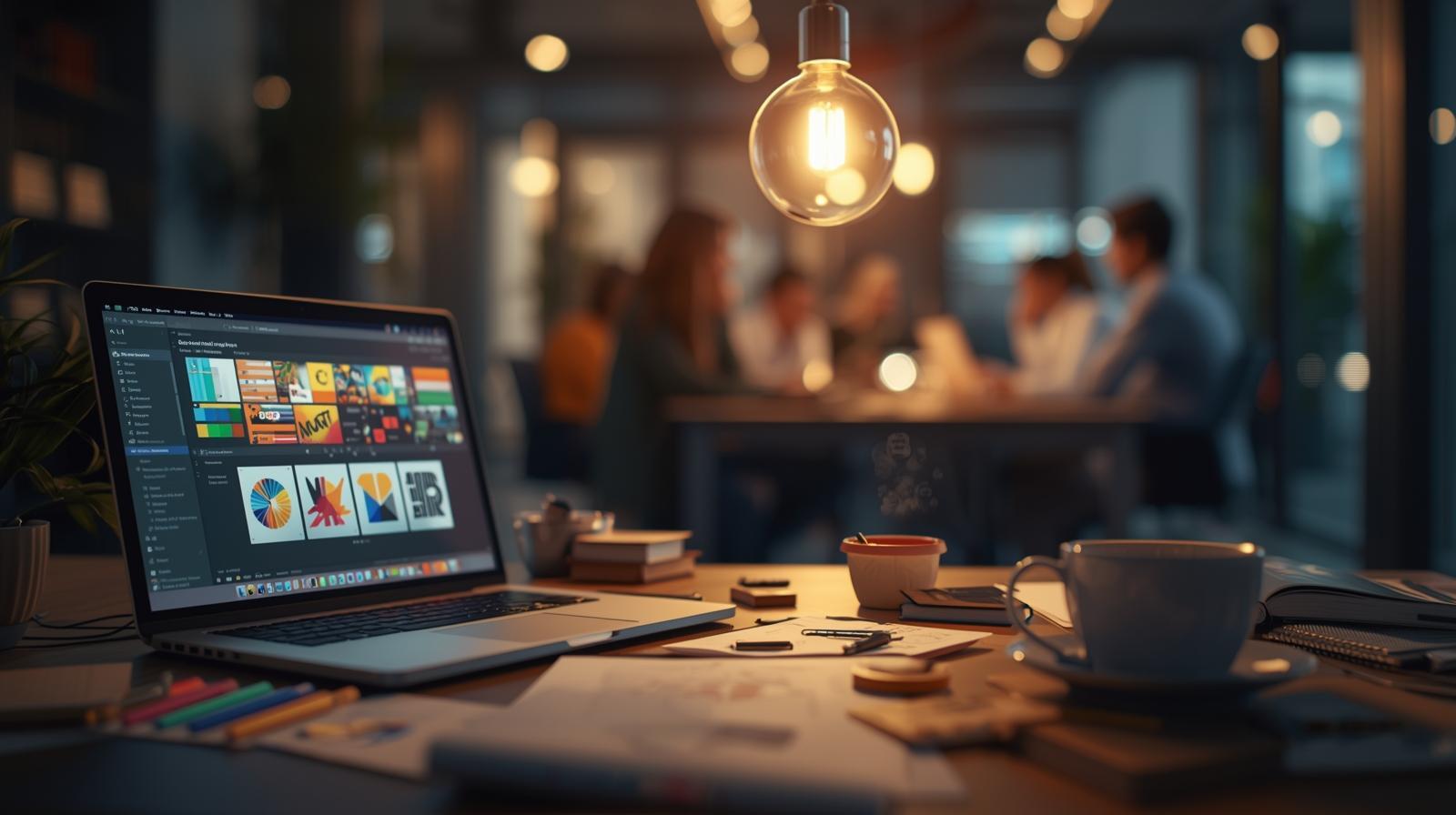 A cinematic, photorealistic image symbolizing brand identity development. A creative workspace features a designer's desk cluttered with inspiration: an open laptop displaying vibrant color palettes, scattered sticky notes adorned with logo sketches, a steaming coffee cup, and a softly glowing lightbulb suspended overhead. In the softly blurred background, a modern boardroom buzzes with activity as diverse individuals collaborate. The lighting is warm and inspiring, casting an optimistic glow that suggests innovation and clarity. The overall atmosphere is a sophisticated blend of corporate professionalism and creative energy, perfect for LinkedIn engagement.