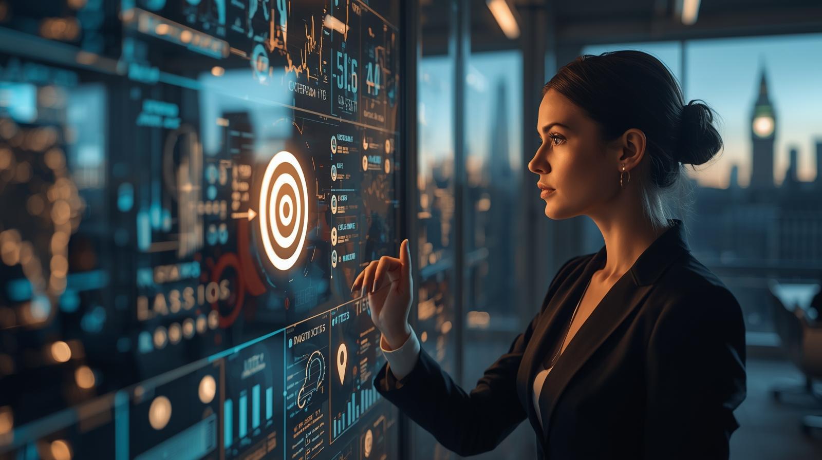 A photorealistic cinematic scene capturing a sharp, professional businesswoman in a sleek, modern office. She is intently studying a transparent digital screen that vividly displays intricate data charts, detailed customer personas, and glowing map markers. Reflected on the screen's surface, a focused target symbol radiates a soft, illuminating glow, visually representing clarity of audience. The scene is bathed in warm yet professional lighting, and a subtly blurred backdrop features the iconic UK cityscape, perhaps the London skyline at dusk.