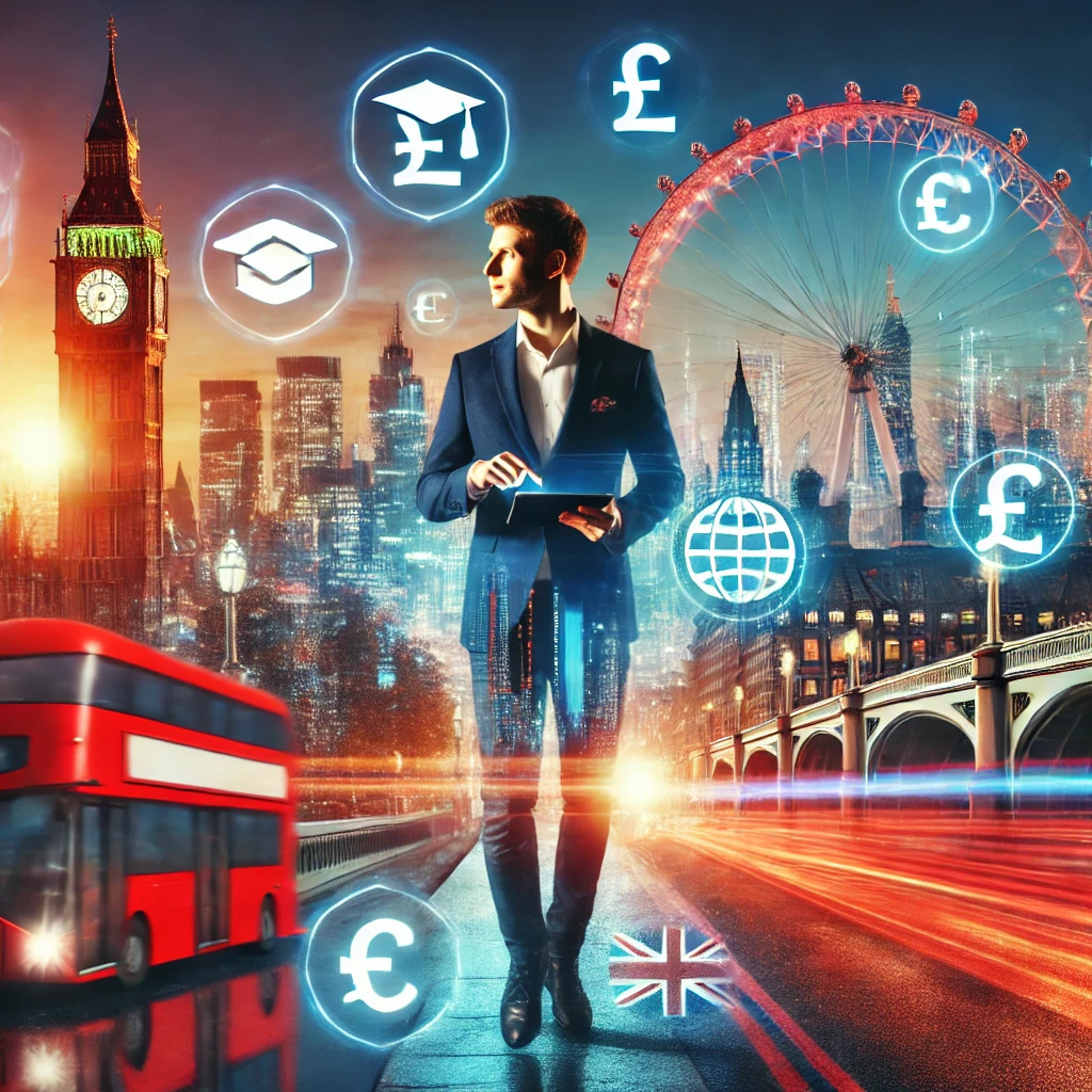 A vibrant and dynamic illustration showcasing iconic UK landmarks, including Big Ben, the London Eye, and a red double-decker bus, set against a modern, bustling cityscape. In the foreground, a confident entrepreneur holds a tablet, symbolising innovation and opportunity. Glowing icons surround the entrepreneur, representing key entrepreneurial advantages: a pound symbol for financial opportunities, a graduation cap for a skilled workforce, and a globe for international connectivity. The background transitions from bright daylight to a warm sunset, reflecting themes of growth and success. The image conveys an inspiring and forward-thinking tone, highlighting the UK as a thriving hub for entrepreneurship.