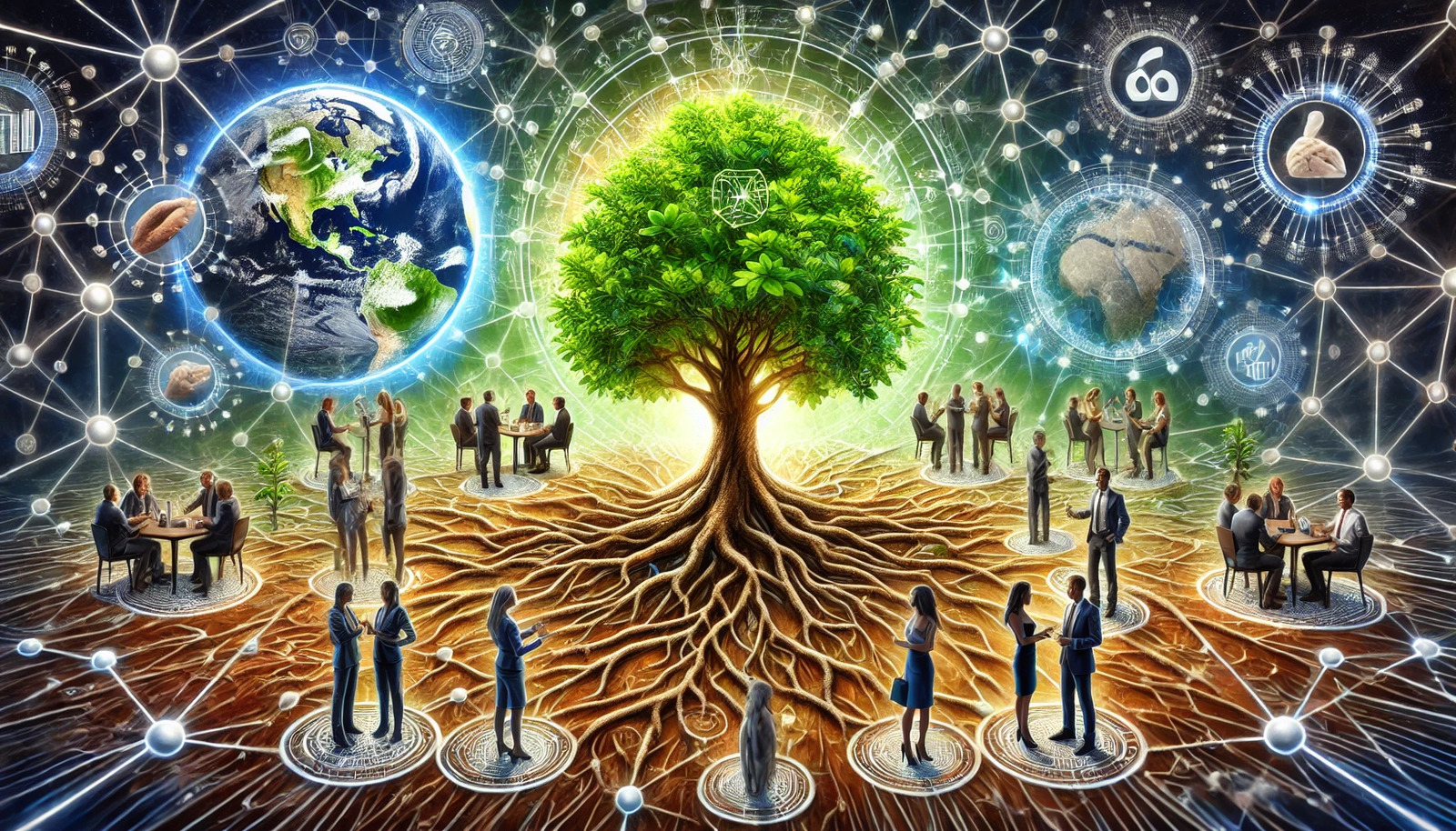 A realistic depiction of a dynamic networking ecosystem for startups. At the center is a vibrant tree with detailed bark and lush green leaves, symbolizing a growing startup, with its roots embedded in rich soil to represent foundational networking. The branches extend outwards, connecting to various lifelike scenes: a group of people at a business mixer, symbolizing unlocking opportunities; naturally depicted hands exchanging gestures of support; a detailed globe showcasing market expansion; a lifelike ear symbolizing insider knowledge; and sharply dressed professionals representing credibility and trust. The background features an intricate network of glowing lines and nodes, emphasizing interconnectedness and collaboration. Warm, natural lighting enhances the feeling of growth, opportunity, and forward momentum