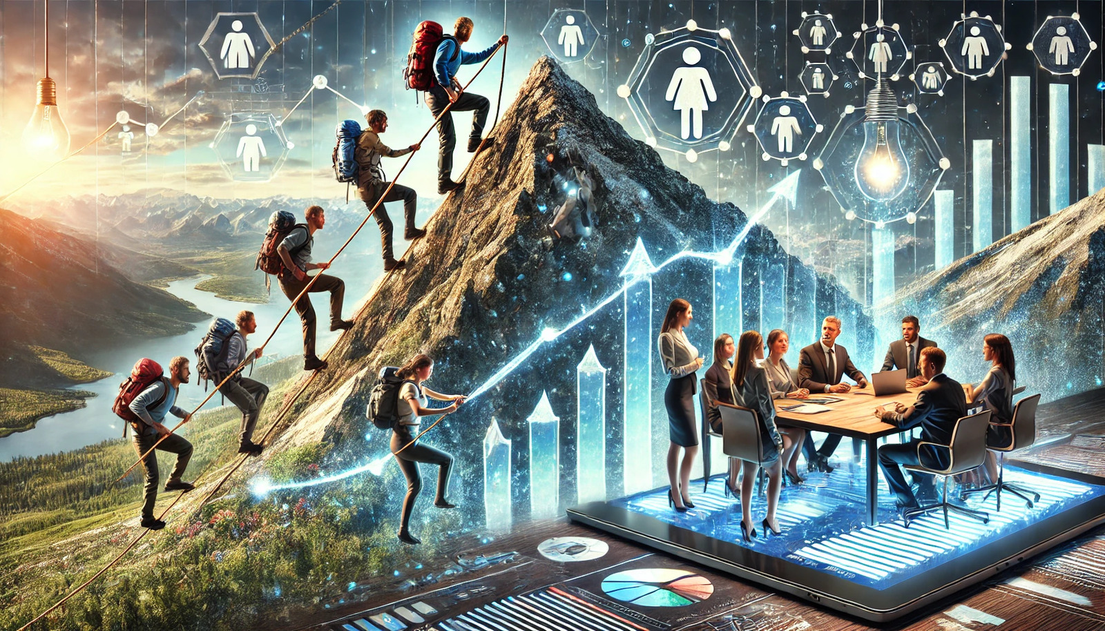 A highly realistic illustration of business growth through hiring. The scene features a prominent mountain at the center, with lifelike individuals of diverse backgrounds climbing its slopes. Each climber wears realistic hiking gear and is connected by a sturdy rope, symbolizing teamwork and collective effort. At the base of the mountain, a modern office environment comes to life with professionals engaging in different activities: one person delegates tasks with a clipboard, another brainstorms at a whiteboard, and a group gathers in a positive discussion. In the foreground, a detailed laptop screen displays icons of people, representing new talent, with a glowing light bulb above to signify innovation. The background subtly includes upward-trending graphs and arrows, symbolizing business growth. The warm and vibrant color palette of greens, blues, and yellows evokes a sense of trust, progress, and optimism.