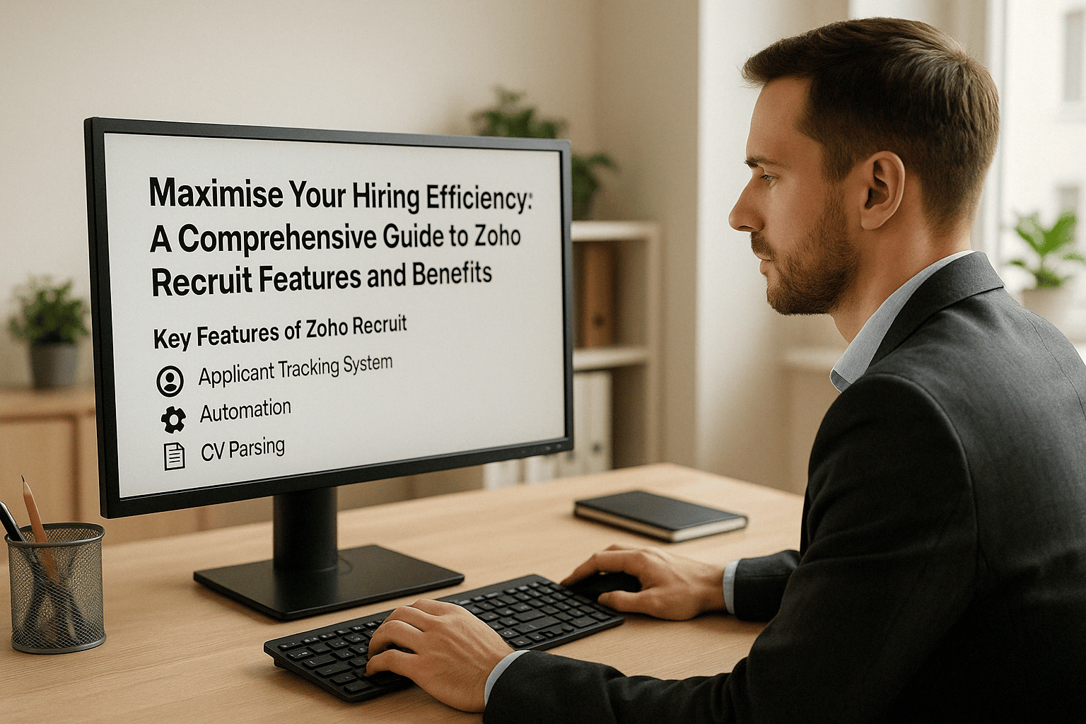 A professional man in a business suit sits at a desk in a modern office, focused on a computer screen displaying the title 'Maximise Your Hiring Efficiency: A Comprehensive Guide to Zoho Recruit Features and Benefits' with icons and text highlighting key features such as Applicant Tracking System, Automation, and CV Parsing