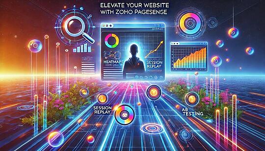An abstract digital landscape with glowing lines and interconnected nodes symbolizes the web environment. A central interface displays Zoho PageSense features: a colorful heatmap on a webpage, session replay animations of user interactions, and two webpage versions side-by-side for A/B testing with conversion statistics. Floating 3D tool icons, including a magnifying glass, checklist, and upward-trending graph, surround the interface. A stylized digital avatar of an entrepreneur observes the display, surrounded by abstract holographic bubbles representing innovative website changes. The Zoho PageSense logo is subtly integrated into the scene, with the text 'Elevate Your Website with Zoho PageSense' prominently displayed, emphasizing the theme of website optimisation and enhancement