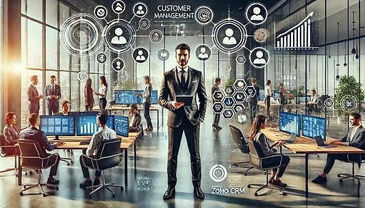A modern office environment showcasing an ambitious entrepreneur standing confidently in the centre, holding a tablet to symbolise the use of technology in business management. A large screen prominently displays the text 'CUSTOMER MANAGEMENT' alongside customer profiles and interactions. Around the entrepreneur, digital icons and avatars represent diverse customers connected through a network. On one side, charts and graphs show sales pipelines and analytics with upward arrows, symbolising sales performance. Nearby, small groups of team members collaborate, with digital project boards and speech bubbles above them to highlight team efficiency. Subtle branding elements for 'ZOHO' and 'ZOHO CRM' are visible on devices and decor, emphasising the software's role in business operations. The office features glass partitions, ergonomic furniture, and a clean, organised atmosphere reflecting a productive and innovative start-up environment.