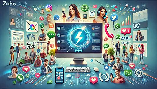 A vibrant and dynamic scene depicting customer support in the digital age. At the center, a sleek desktop computer displays the Zoho Desk interface, featuring a clean and intuitive dashboard. Surrounding the computer are icons representing communication channels: a stylized envelope with a lightning bolt for emails, a modern smartphone and classic telephone handset for phone calls, floating speech bubbles for live chats showing a customer query and response, and social media icons with notification badges indicating active engagement. In the background, semi-transparent images of happy, diverse customers with distinct faces interact with various devices, symbolizing global reach and inclusivity. The color scheme uses calming blues and vibrant greens to convey trust, efficiency, and growth. Arrows and lines connect the icons to the Zoho Desk interface, representing the unification of interactions.