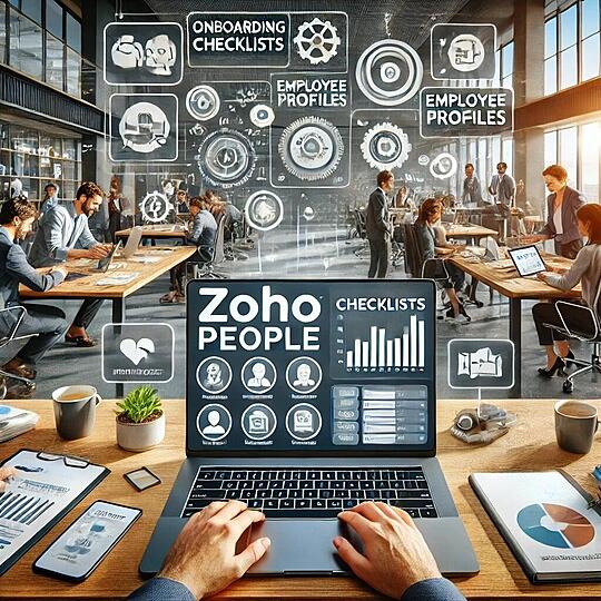 A modern UK office environment with a diverse group of professionals collaborating. In the foreground, a laptop screen prominently displays the Zoho People interface, featuring correctly spelled sections titled "Onboarding Checklists" and "Employee Profiles," along with a performance review graph. The screen's labels are clearly visible and legible. Surrounding the laptop, team members engage in various activities: one scrolls through a digital employee handbook on a tablet, another reviews a performance chart on a smartphone, and a third participates in a video call, symbolising remote work capabilities. The background subtly includes elements like a stylised calendar, gears symbolising automation, and speech bubbles representing communication. The scene conveys productivity, collaboration, and technological innovation.