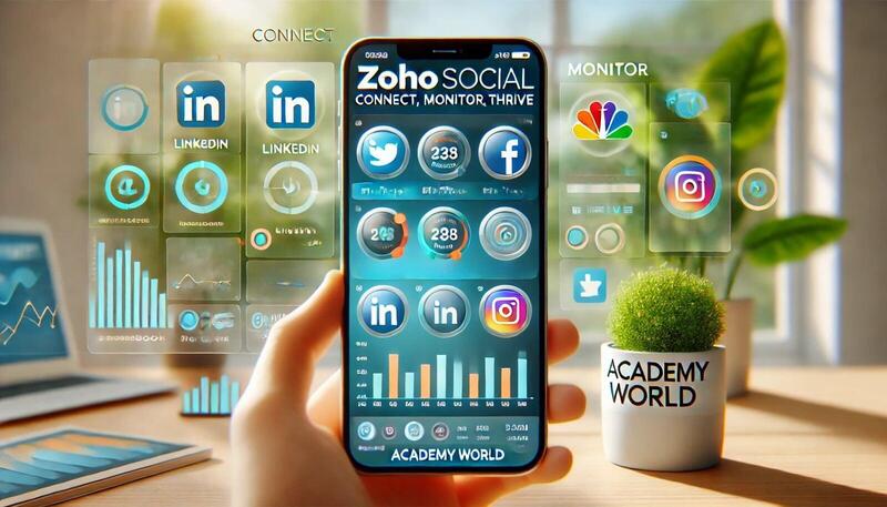 A modern smartphone displays the Zoho Social interface, featuring correctly rendered social media icons for LinkedIn, Facebook, and Twitter, with their respective names written clearly underneath. The interface showcases scheduled posts, performance analytics, and notifications. In the background, a plant pot with the Academy World logo is prominently displayed, adding a subtle brand endorsement. The scene is set in a bright and professional environment, with blurred visuals of people using digital devices to symbolize connectivity, collaboration, and a digitally connected community. Overlay text reads: "Connect, Monitor, Thrive."