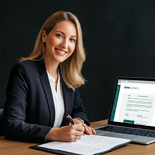 Businesswoman signing a contract with a laptop displaying Zoho Contracts in the background