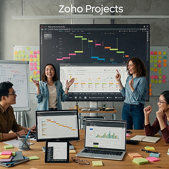 A diverse team of professionals collaborates in a modern workspace, gathered around a large screen displaying Zoho Projects' interface with colorful Gantt charts and task lists. A project manager explains workflows, while others contribute through laptops and tablets, showcasing the platform's versatility and the team's synergy.