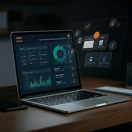 A modern digital workspace with a laptop open to the Zoho Invoice dashboard. The screen displays various financial metrics, charts, and tools for managing invoices, payments, and expenses. The overall design is clean and professional, emphasizing efficiency and growth in business finance.