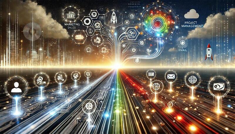 A futuristic digital landscape featuring a sleek and vibrant business environment. At the center, a glowing path symbolizes "Zoho Flow," depicted with radiant light streams and interconnected nodes representing automation and integration. Generic app icons for CRM, project management, and email are linked by the dynamic path, with illuminated nodes showcasing symbols like gears and check marks. The background includes abstract zones representing business sectors such as marketing, sales, and HR, all seamlessly connected to the central flow. In the distance, a rocket launch or sprouting plant symbolizes growth and success. The scene is enhanced with binary code, data streams, and circuit patterns, conveying movement, connectivity, and the efficiency of streamlined business operations.
