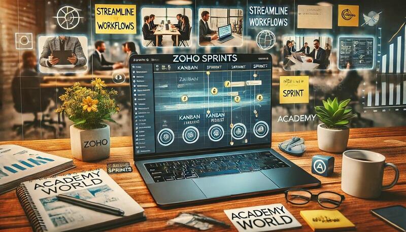 A professional workspace featuring a laptop displaying Zoho Sprints with Kanban boards and Agile sprint tasks. The setup includes sticky notes for project planning, a notepad with "Streamline Workflows" written on it, and blurred visuals of a virtual meeting on a secondary monitor to represent real-time team collaboration. The Academy World logo is subtly placed in the corner, emphasising entrepreneurship and connection to business success. The scene conveys productivity, adaptability, and collaboration, aligning with the Agile methodology.