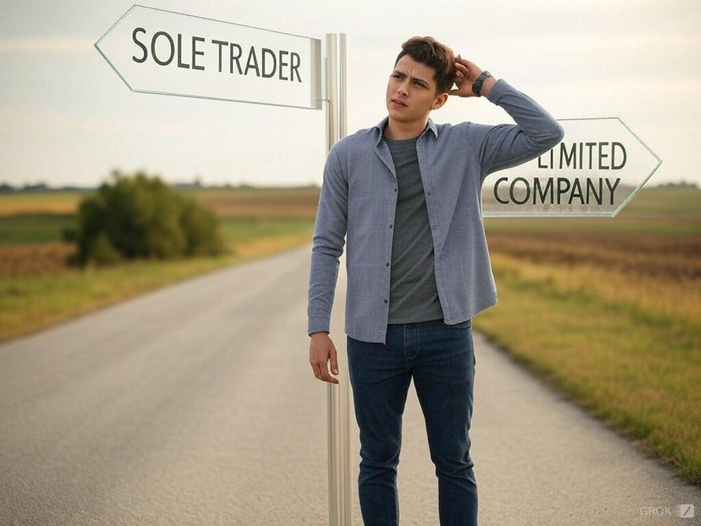 An illustration of an entrepreneur at a crossroads, pondering between two paths. One signpost arrow points towards 'SOLE TRADER' and the opposite arrow towards 'LIMITED COMPANY.' The person is depicted scratching their head, looking contemplative and uncertain about which direction to choose