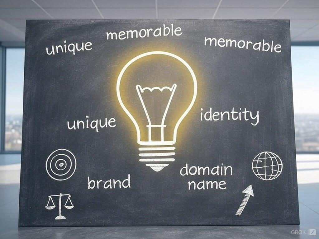 An image of a glowing lightbulb casting light on a chalkboard covered with brainstorming concepts for a business name, including words like 'unique,' 'memorable,' 'brand identity,' and 'domain name