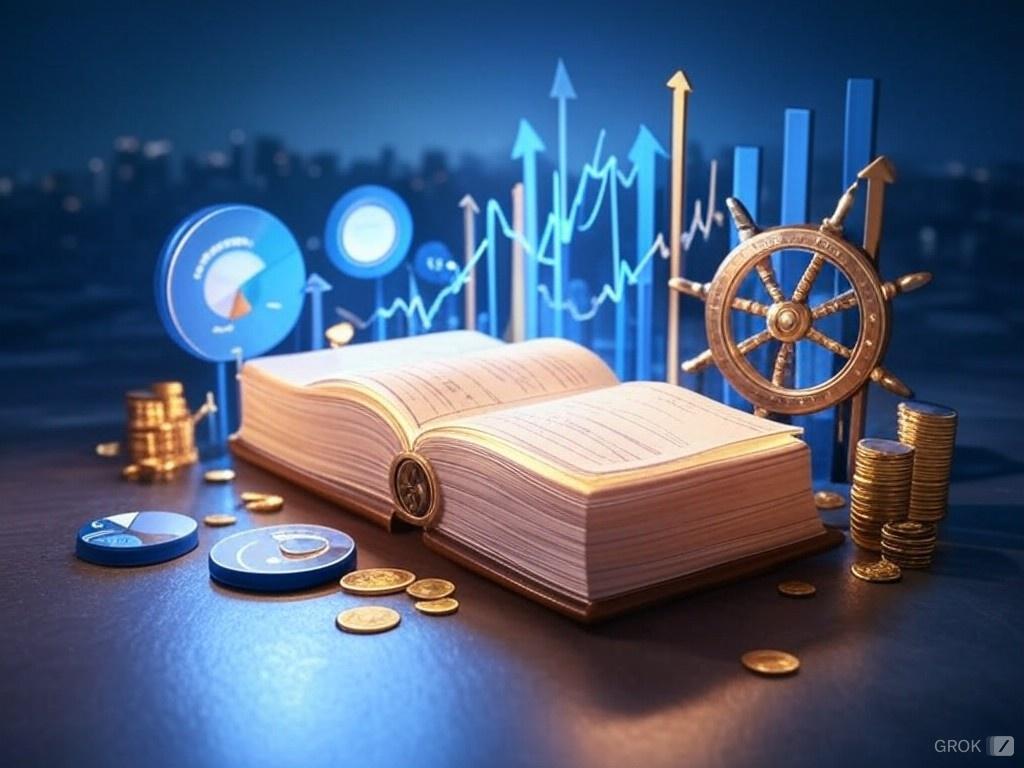 A glowing ledger book at the center of a business landscape, with dark to light blue gradient background symbolizing clarity from confusion. A captain's wheel adorned with currency signs and percentage marks represents data-driven decision-making, connected by data streams to the ledger book