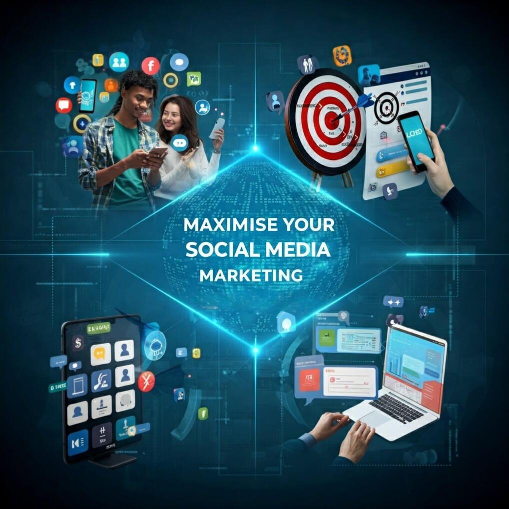 A dynamic collage illustrating the benefits of social media marketing, including reach, targeting, engagement, cost-effectiveness, and storytelling